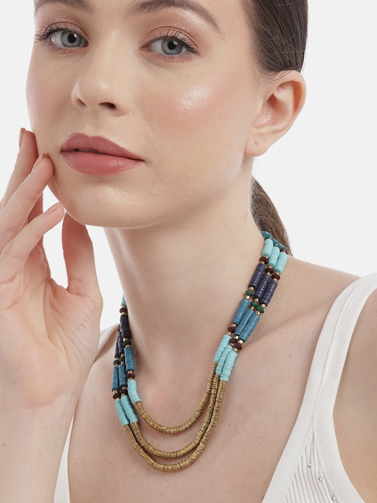 Blue & Gold-Toned Gold-Plated Layered Necklace