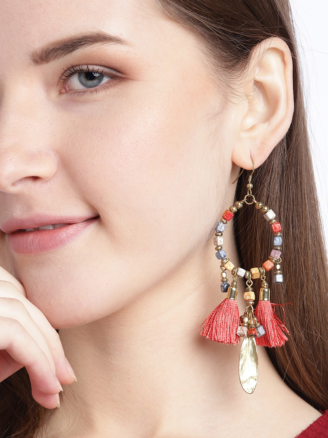 Coral Red & Blue Gold-Plated Beaded Tasselled Oval Drop Earrings