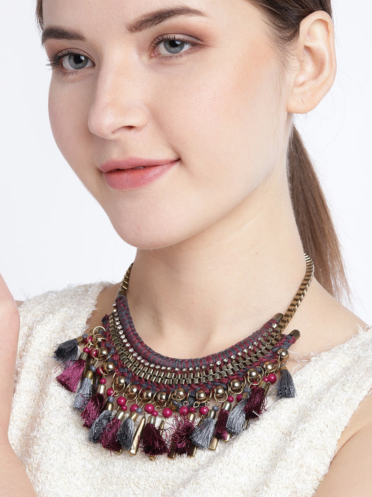 Women Aubergine & Grey Gold-Plated Stone-Studded & Tasselled Necklace