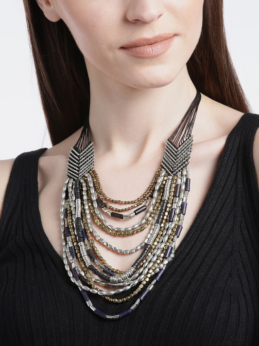 Women Black & Silver-Toned Gold-Plated Artificial Beaded Layered Necklace