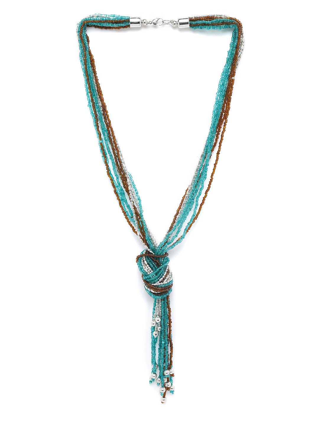Teal Green & Coffee Brown Silver-Plated Beaded Multi-Stranded Knotted Necklace