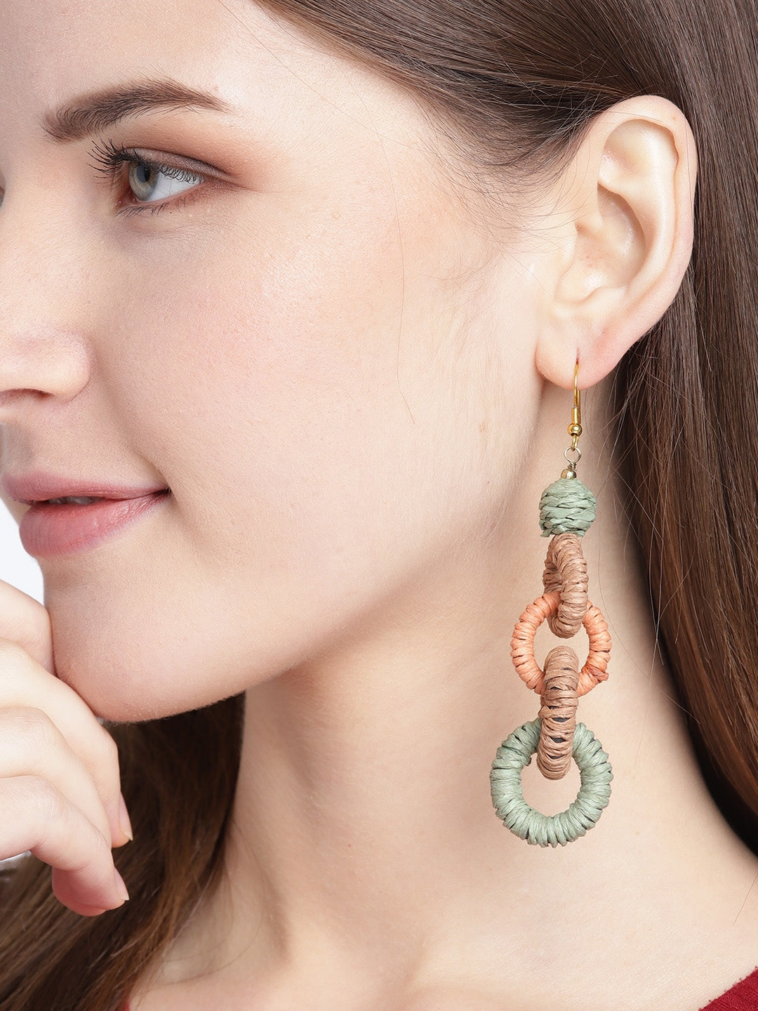 Olive Green & Peach-Coloured Colourblocked Circular Drop Earrings