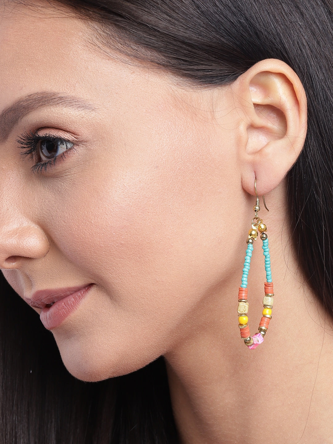 RICHEERA Multicoloured Gold-Plated Beaded Teardrop Shaped Drop Earrings