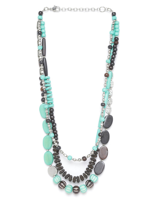 Women Sea Green & Coffee Brown Silver-Plated Beaded Layered Necklace