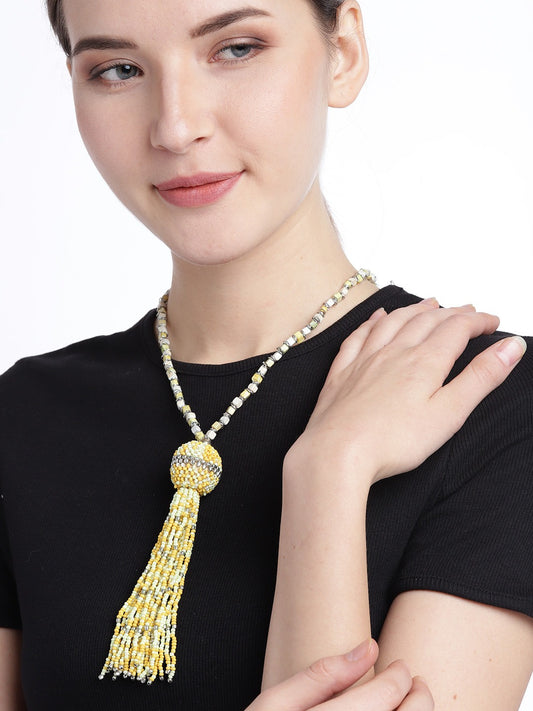 Yellow Silver-Plated Beaded Tasselled Necklace