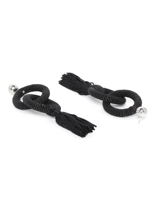 Richeera Black Silver-Plated Tasselled Circular Drop Earrings