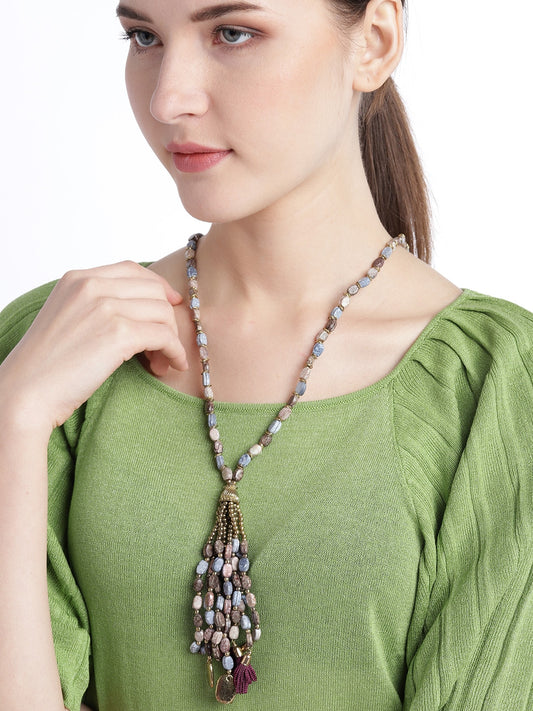 Women Brown & Grey Gold-Plated Beaded Tasselled Necklace
