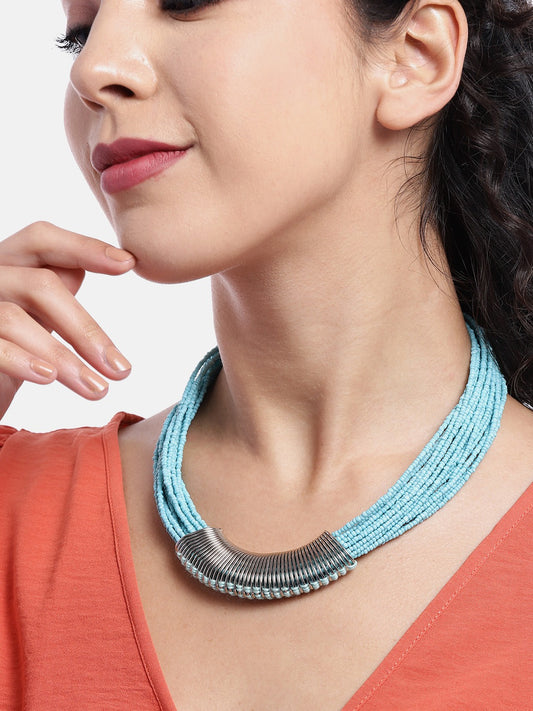 Blue & Silver-Toned Silver-Plated Beaded Necklace