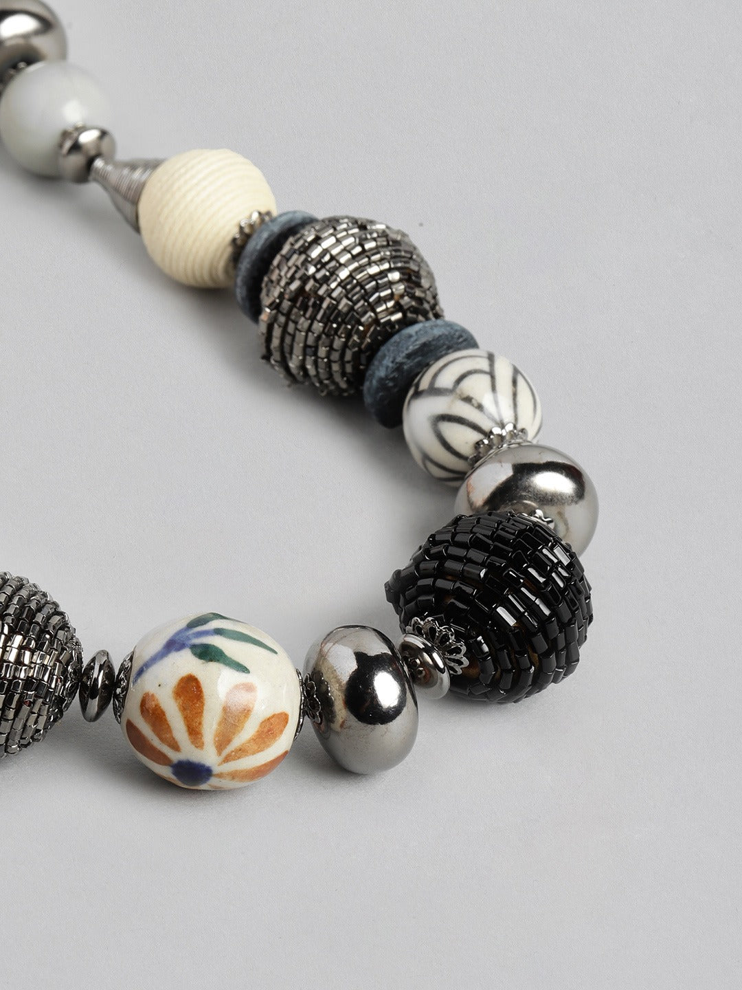 Silver-Toned & Off White Beaded Necklace