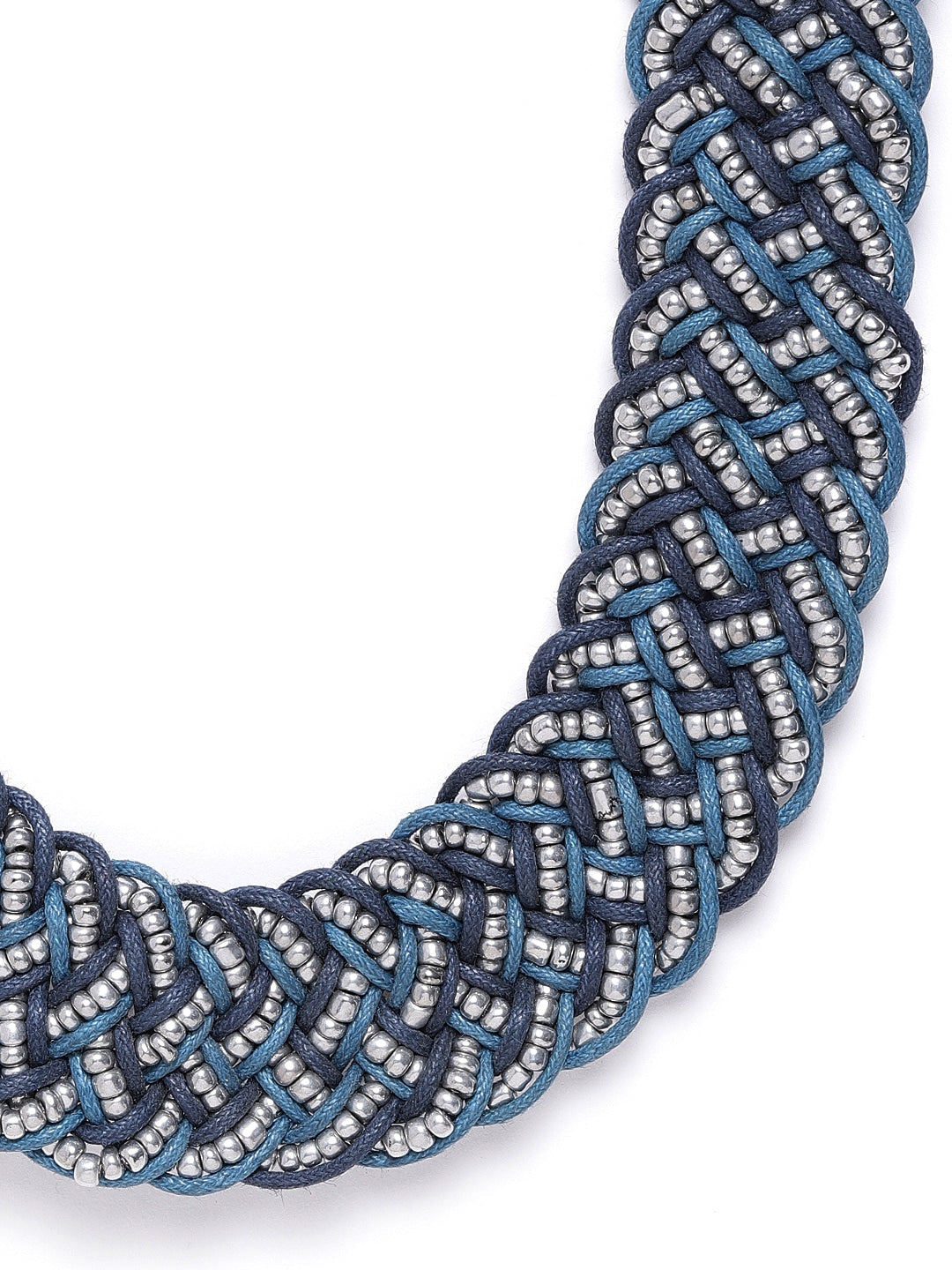 Blue & Silver-Toned Beaded Statement Bohemian Braided Necklace