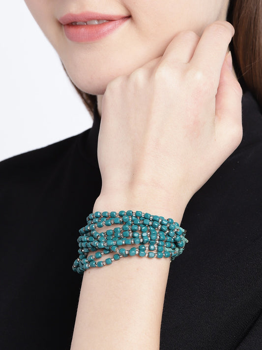 Teal Green & Antique Gold-Toned Beaded Multistranded Elasticated Bracelet