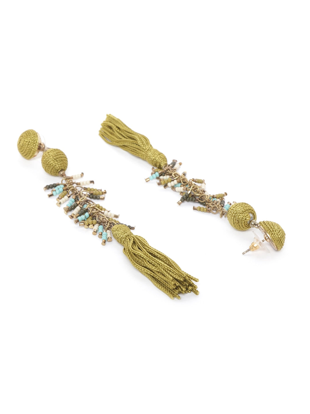 Lime Green & Blue Antique Gold-Plated Beaded Tasselled Contemporary Drop Earrings