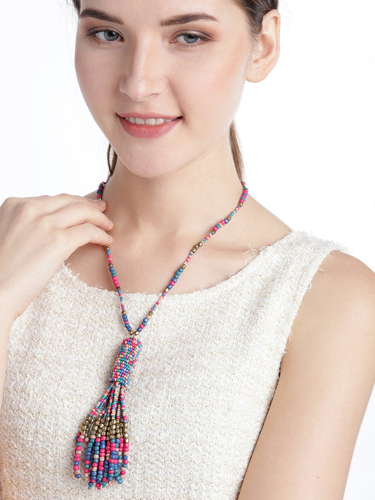 Women Blue & Pink Gold-Plated Beaded Tasselled Necklace