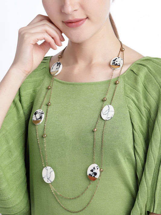 Women White & Black Antique Gold-Plated Resin Print Layered Necklace