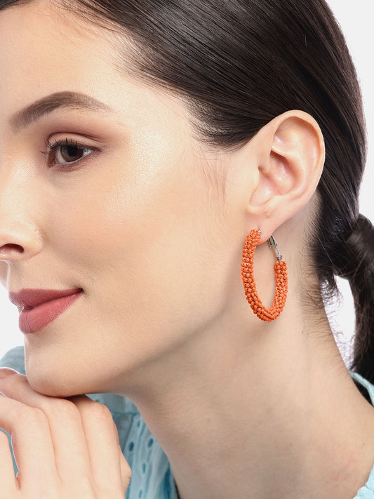 Orange & Silver-Toned Circular Hoop Earrings