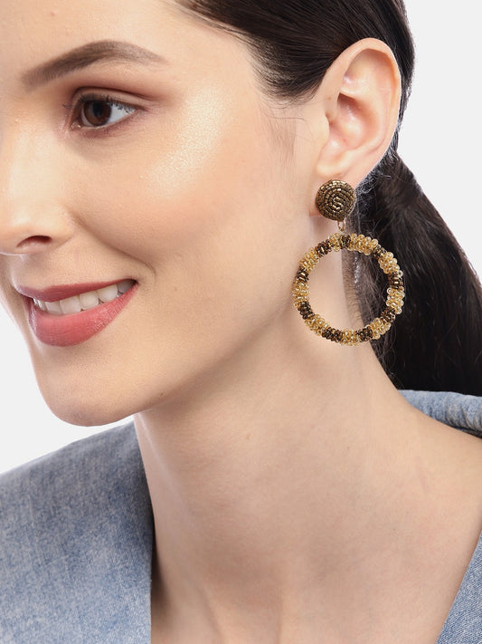 Gold-Toned & Beige Circular Hoop Earrings