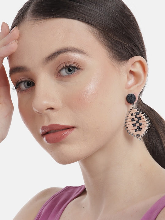 Peach-Coloured & Black Teardrop Shaped Drop Earrings