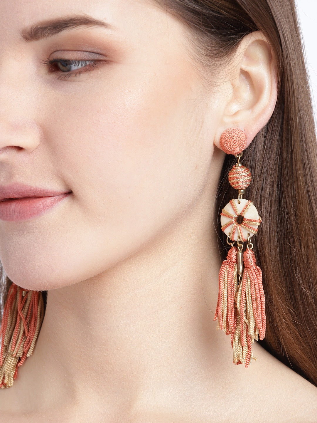Peach-Coloured & Beige Gold-Plated Tasselled Geometric Drop Earrings