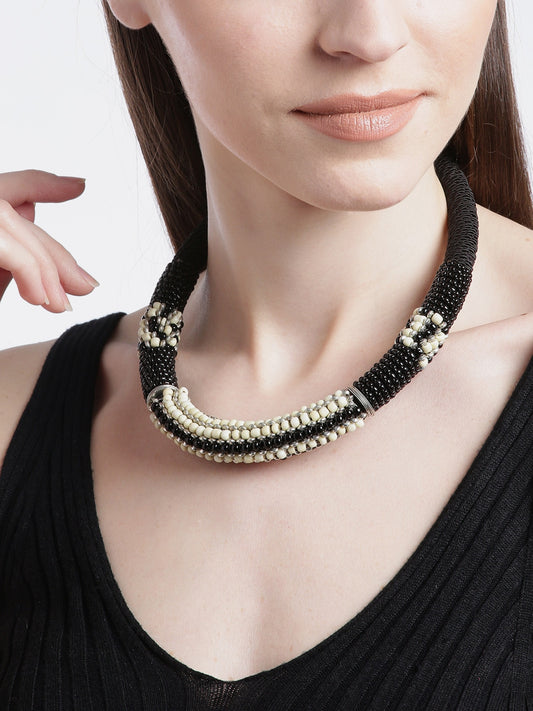 Black & Off-White Silver-Plated Artificial Beaded Necklace