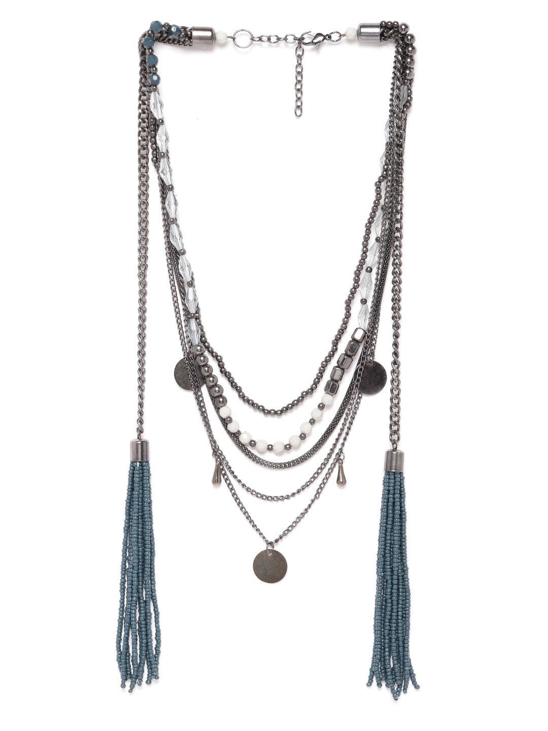 Women Oxidised Teal Blue & Silver-Toned Beaded Layered & Tasselled Necklace