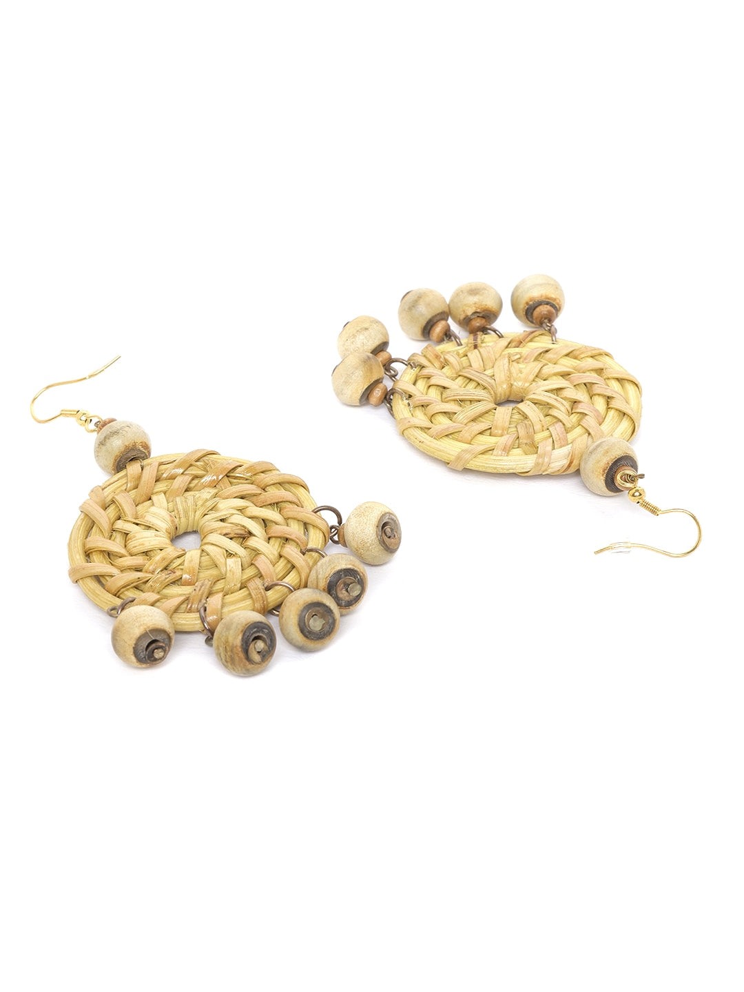 Beige & Brown Basketweave Beaded Circular Drop Earrings