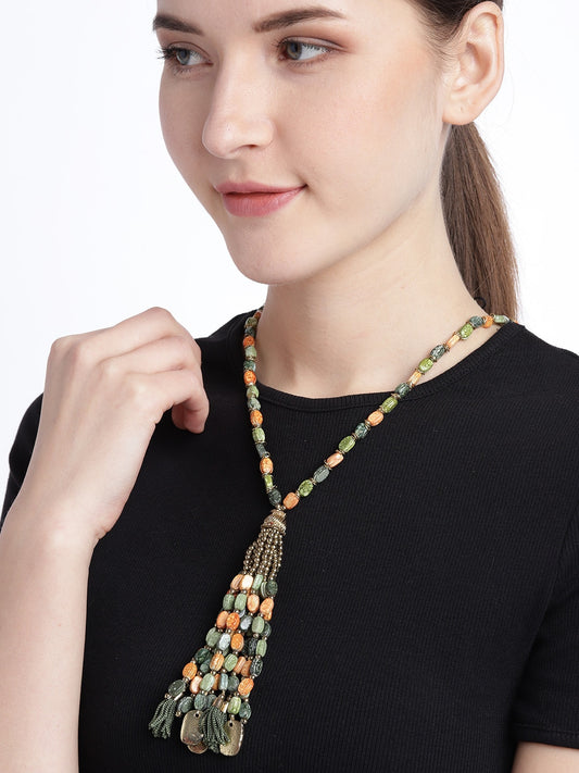 Olive Green & Peach-Coloured Antique Gold-Plated Beaded Tasselled Necklace