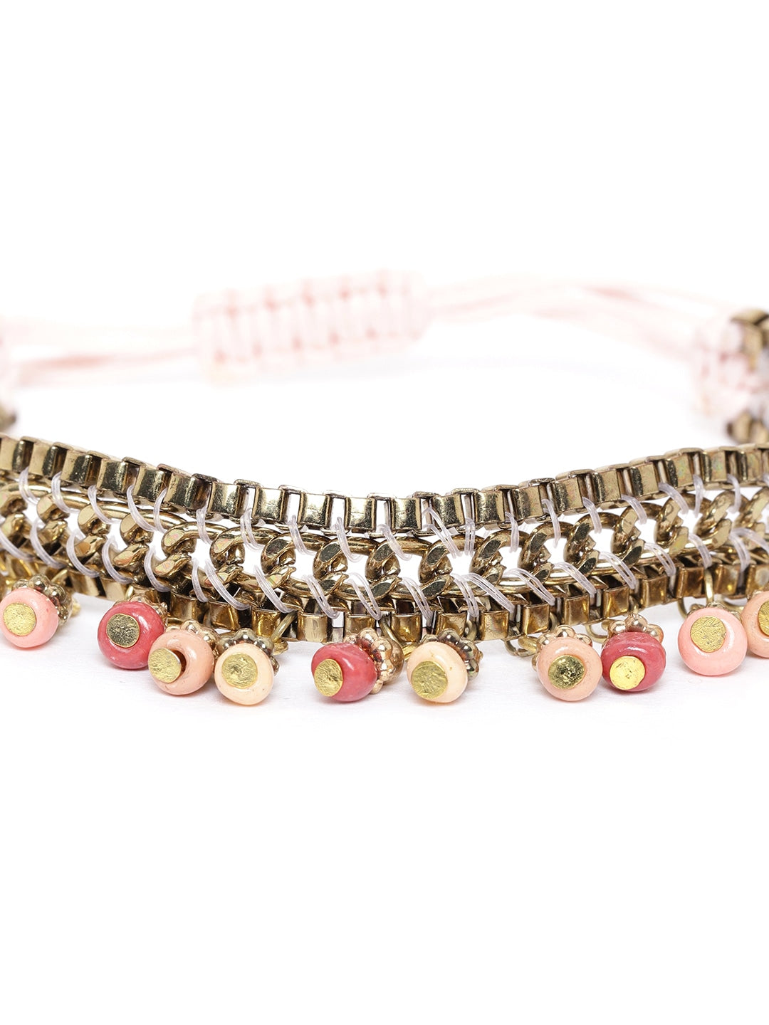 Peach-Coloured Antique Gold-Plated Beaded Bracelet