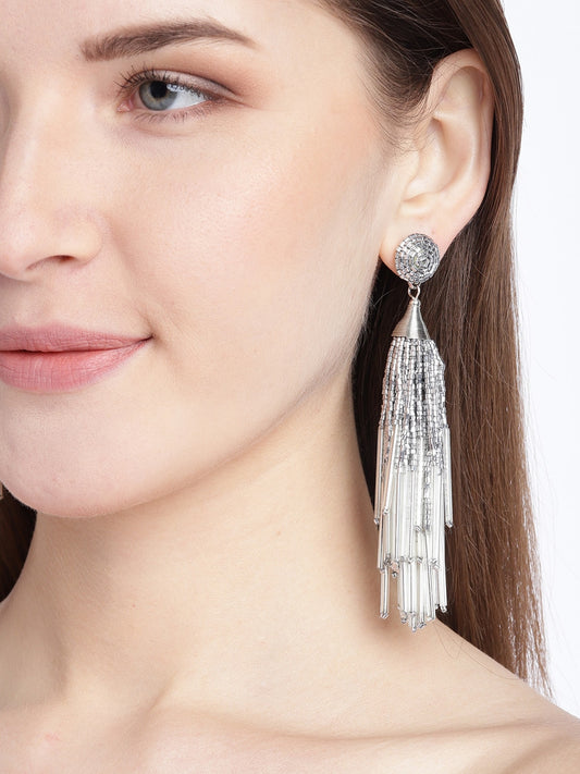 RICHEERA Silver-Plated Beaded Tasselled Contemporary Drop Earrings