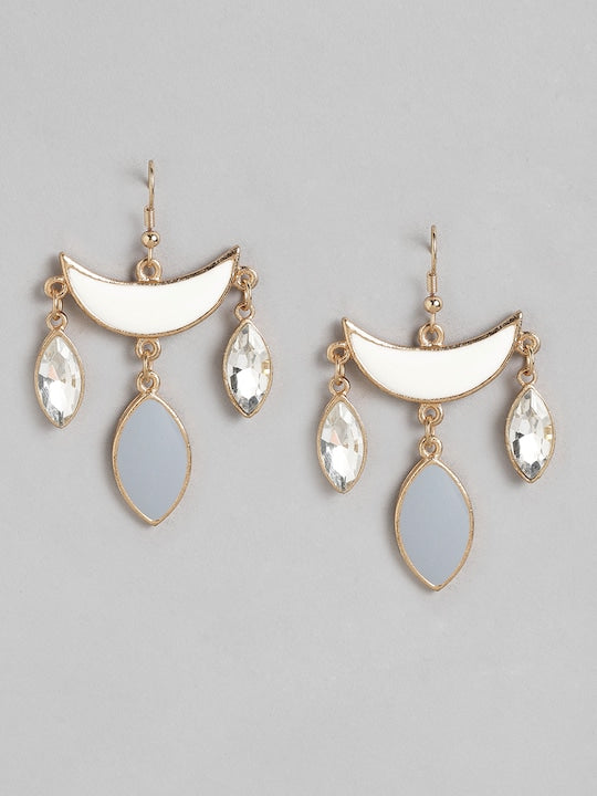 White & Grey Crescent Shaped Stone Studded Drop Earrings