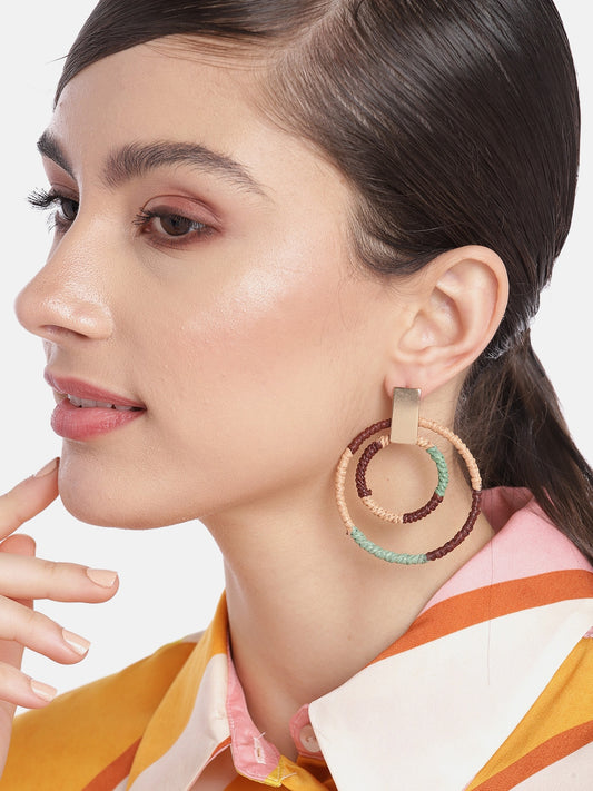 Brown & Green Circular Beaded Drop Earrings