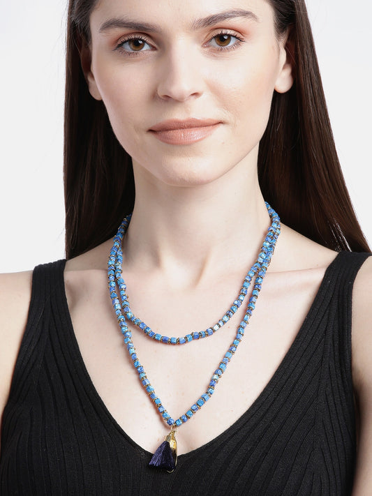 RICHEERA Blue Gold Plated Beaded Layered & Tasselled Necklace