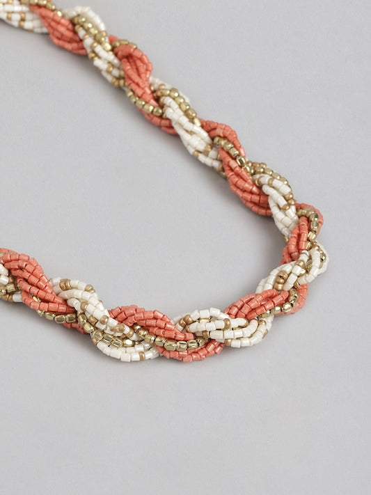 Peach-Coloured & White Gold-Plated Layered Necklace