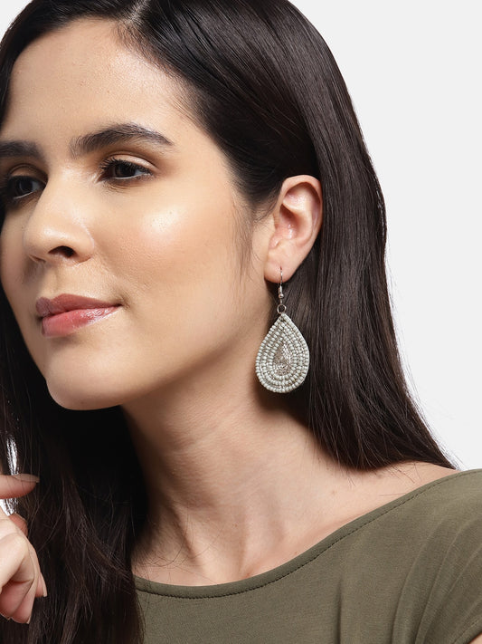 Silver-Plated Teardrop Shaped Artificial Beads Drop Earrings