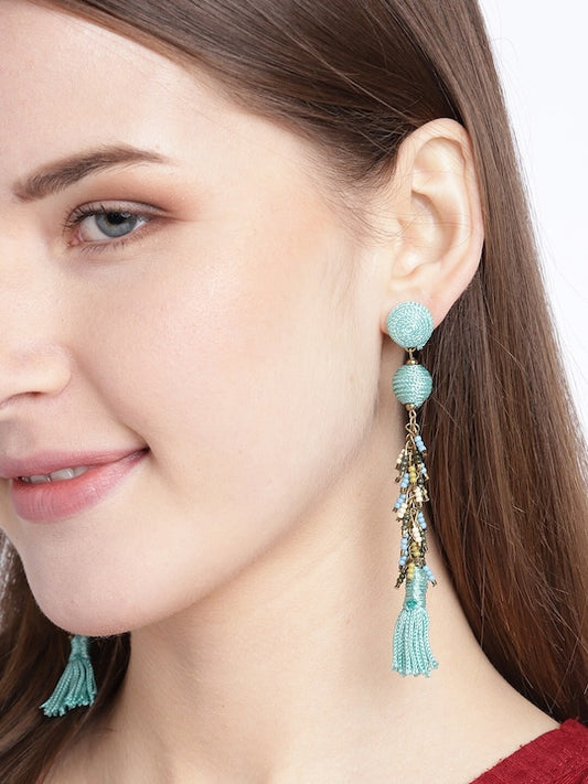 Sea Green Antique Gold-Plated Beaded Tasselled Drop Earrings