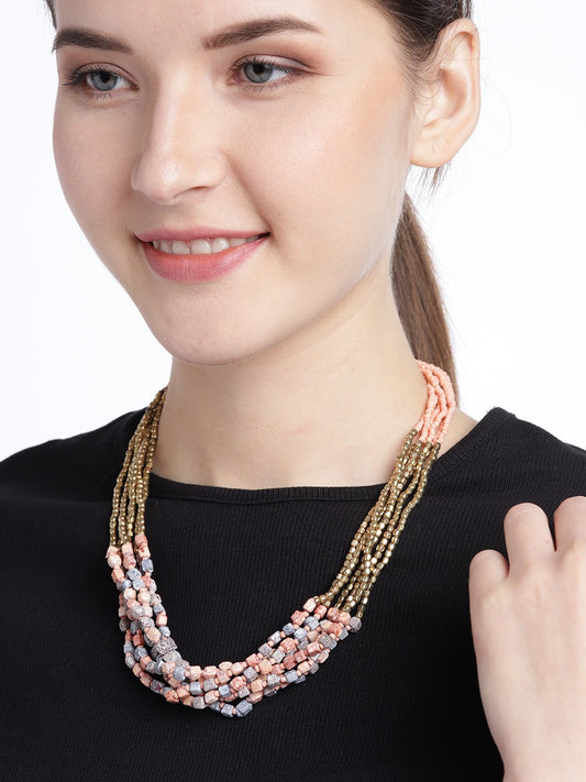 Peach-Coloured & Grey Antique Gold-Plated Beaded Multistranded Necklace