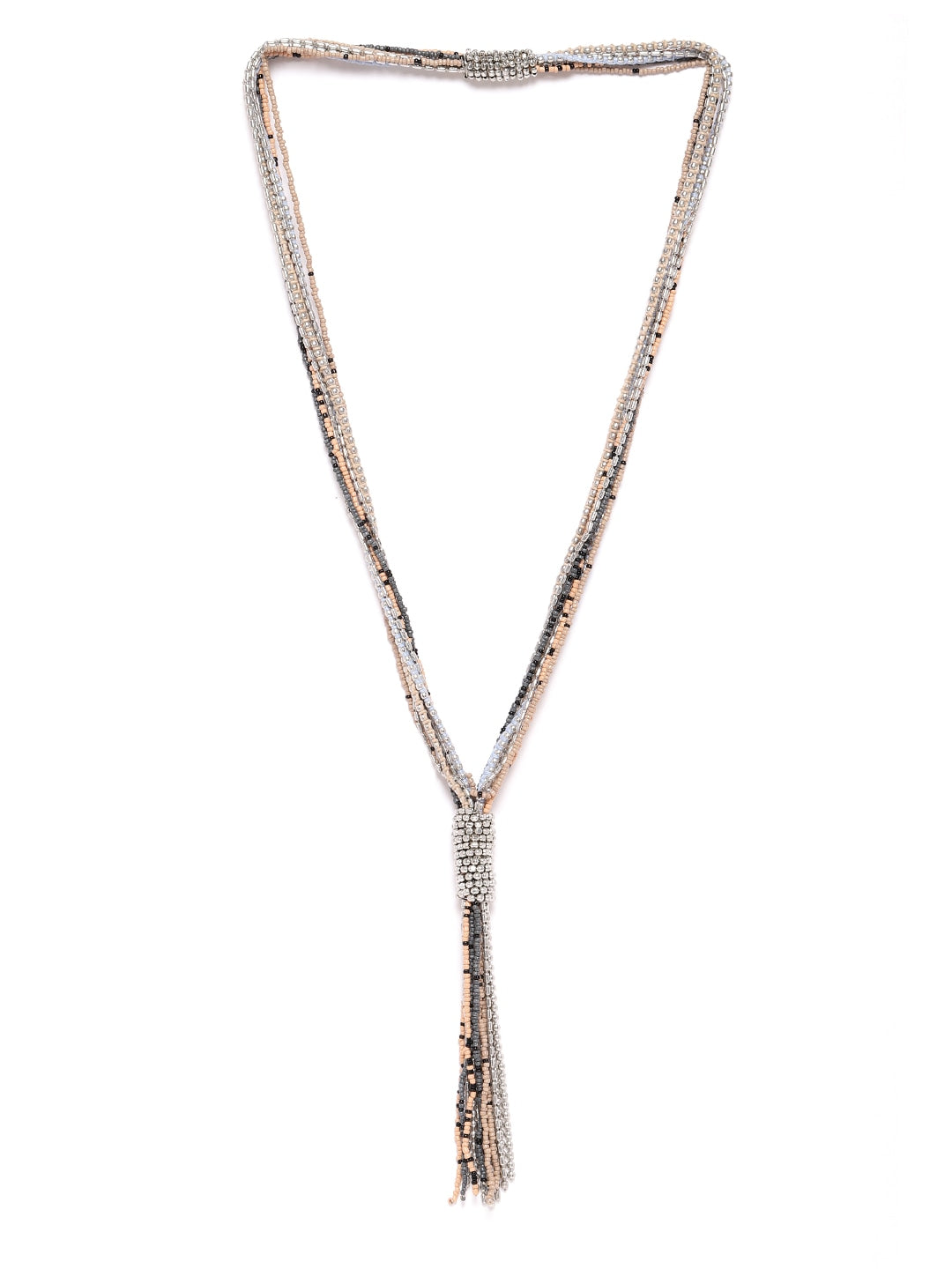 Women Silver-Toned & Blue Beaded Multi-Stranded Tasselled Necklace