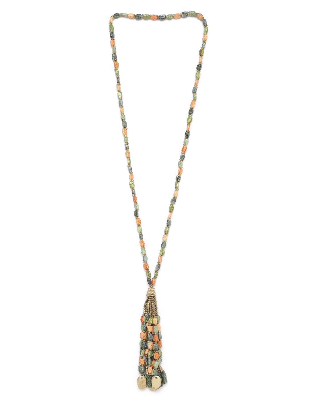 Olive Green & Peach-Coloured Antique Gold-Plated Beaded Tasselled Necklace