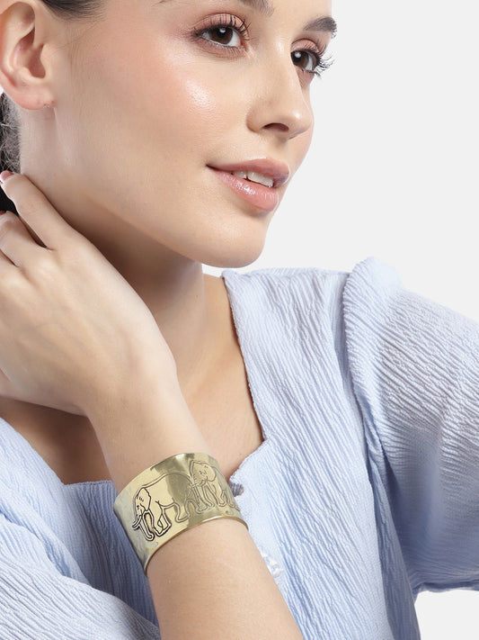 Women Gold-Plated Elephants Embedded Cuff Bracelet