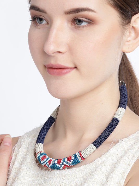 RICHEERA Women Blue & Off-White Beaded Necklace