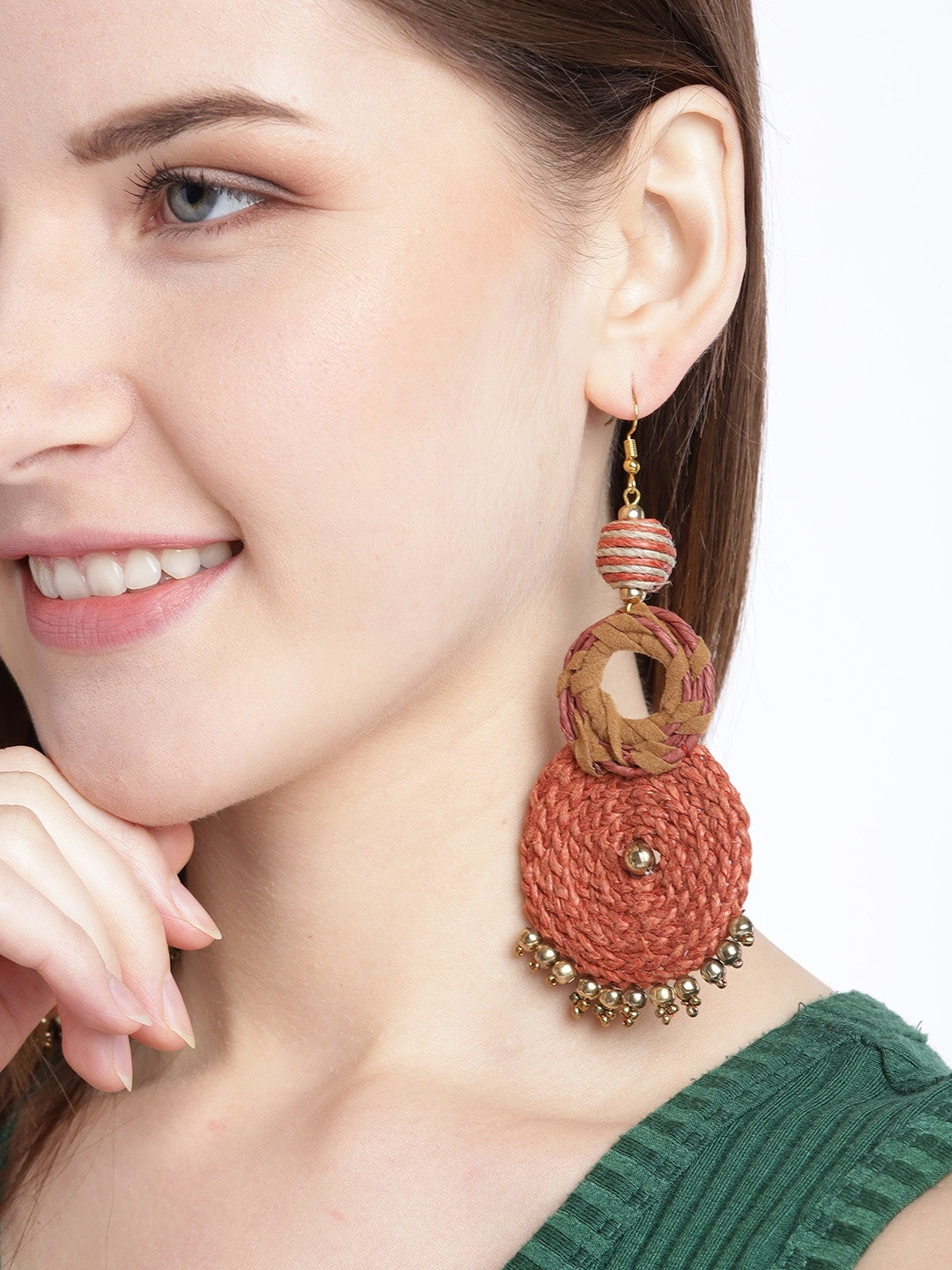 Brick Red & Brown Gold-Plated Braided Design Circular Drop Earrings