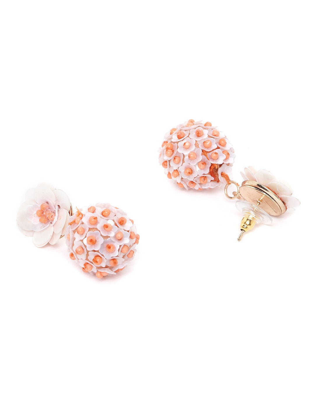 Peach-Coloured & Light Pink Spherical & Floral Beaded & Sequinned Drop Earrings