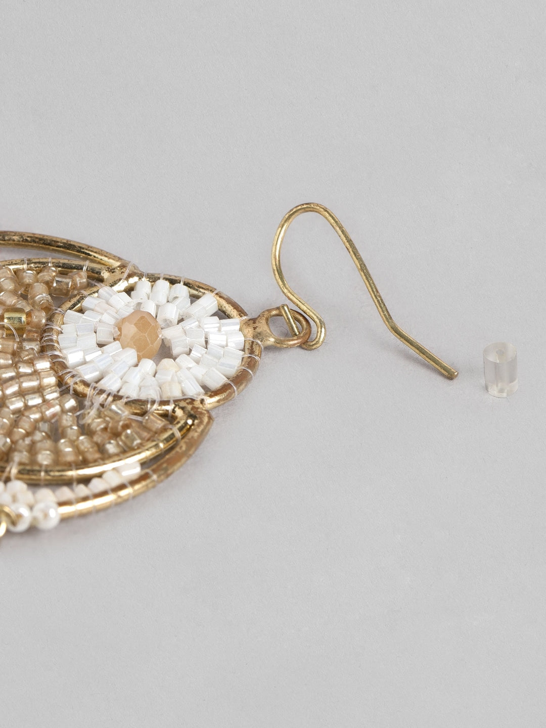 Silver-Toned & White Crescent Shaped Beaded Chandbalis Earrings - Richeera
