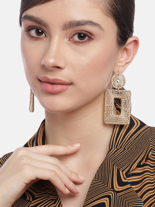 Beige Square Thread Work Drop Earrings