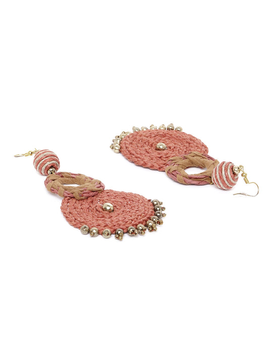 Brick Red & Brown Gold-Plated Braided Design Circular Drop Earrings