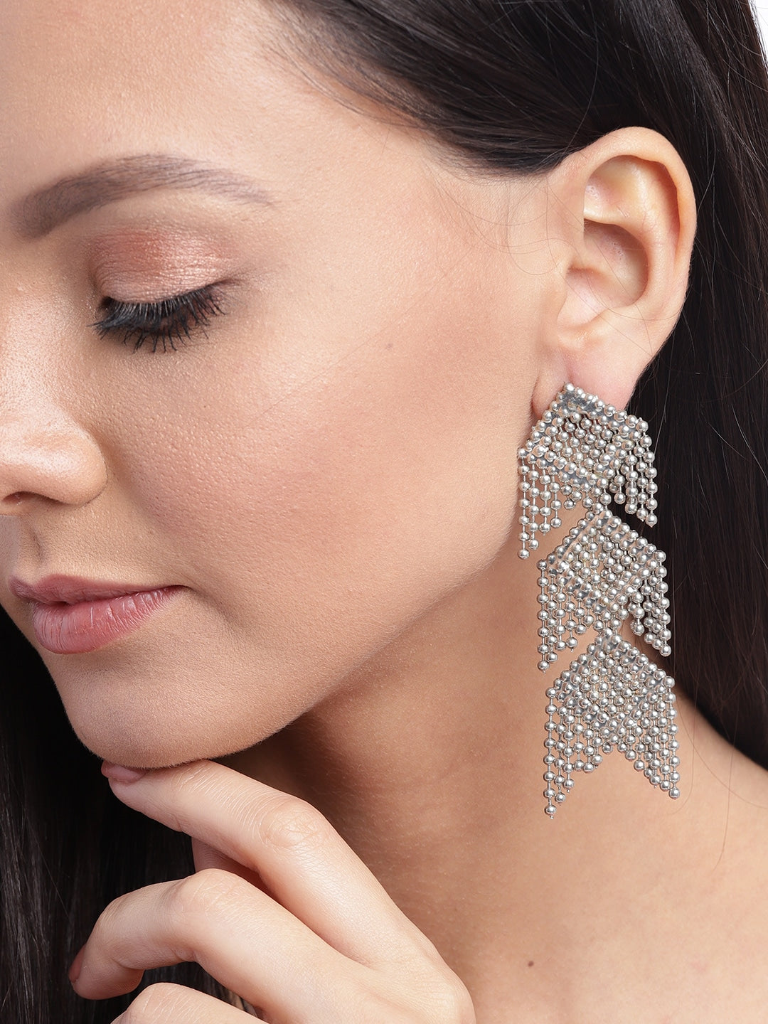 RICHEERA Oxidised Silver-Plated Beaded Geometric Drop Earrings