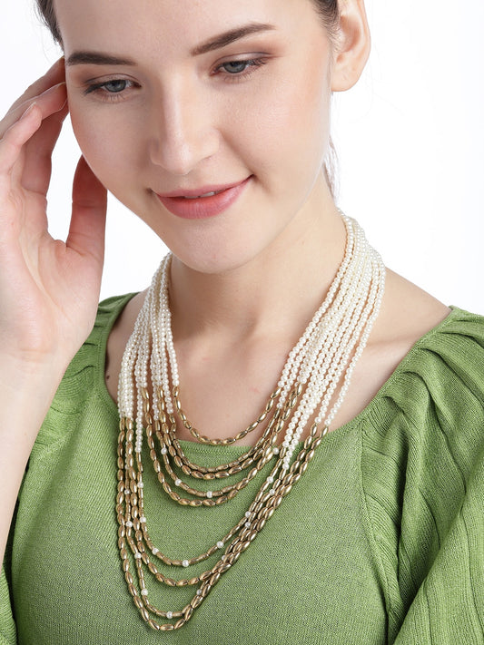 Off-White Gold-Plated Beaded Layered Necklace