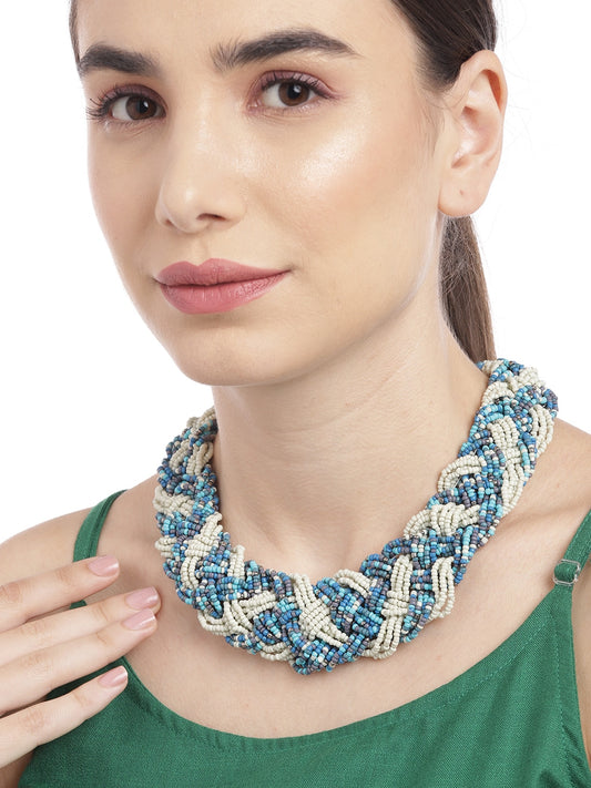 Blue & Off White Layered Braided Necklace