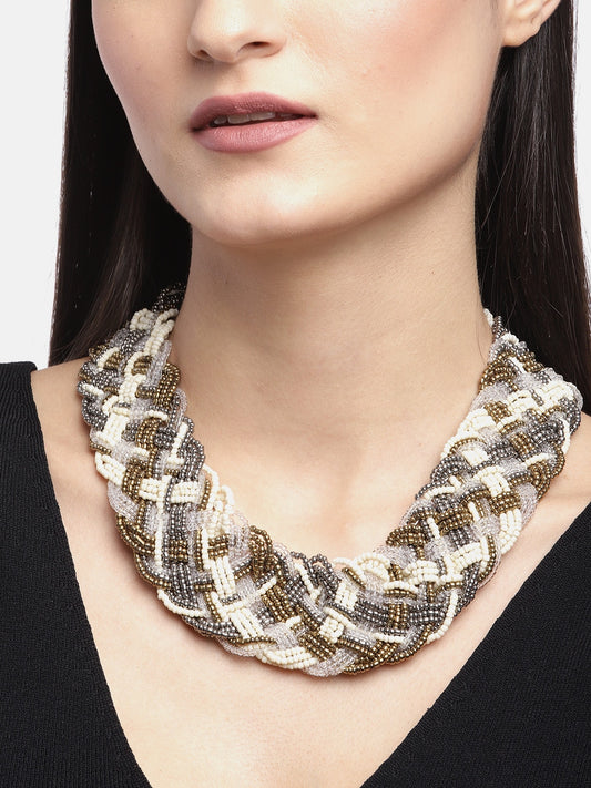 RICHEERA Women Antique Silver-Toned & Cream-Coloured Gold-Plated Beaded Braided Necklace