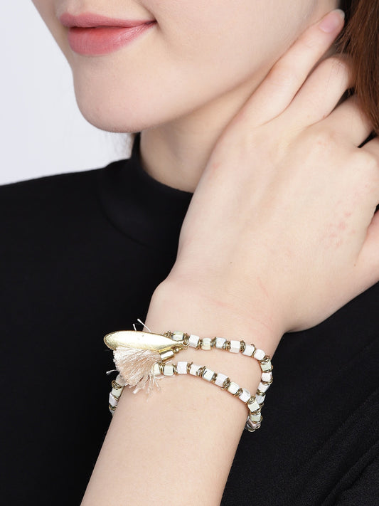 Off-White & Beige Gold-Plated Beaded Dual-Stranded Tasselled Elasticated Bracelet