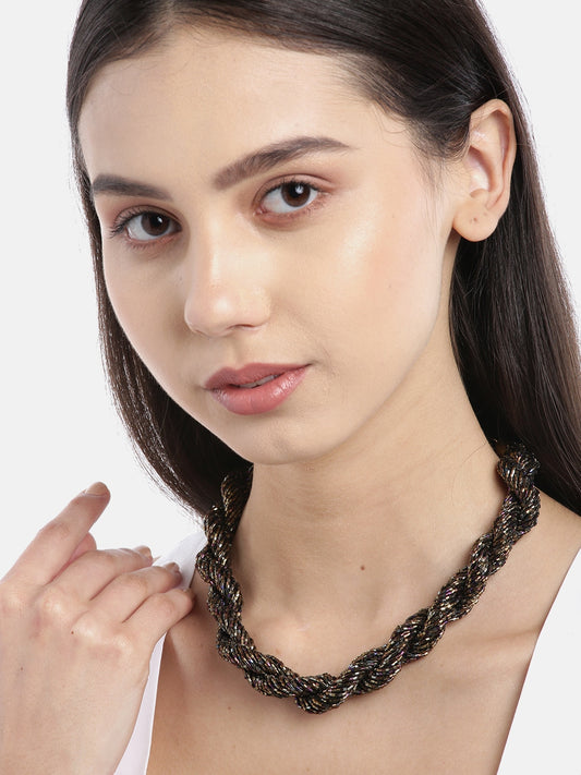 Gunmetal-Toned & Bronze-Toned Glass Beaded Statement Twisted Necklace